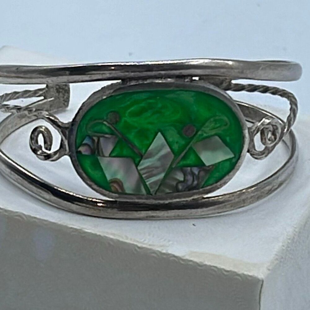 Vintage handmade Mexico inlay Alpaca cuff bracelet SMALL.